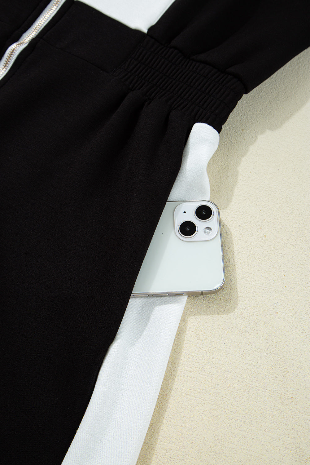 Black Contrast Collar Patchwork Zip Front Romper