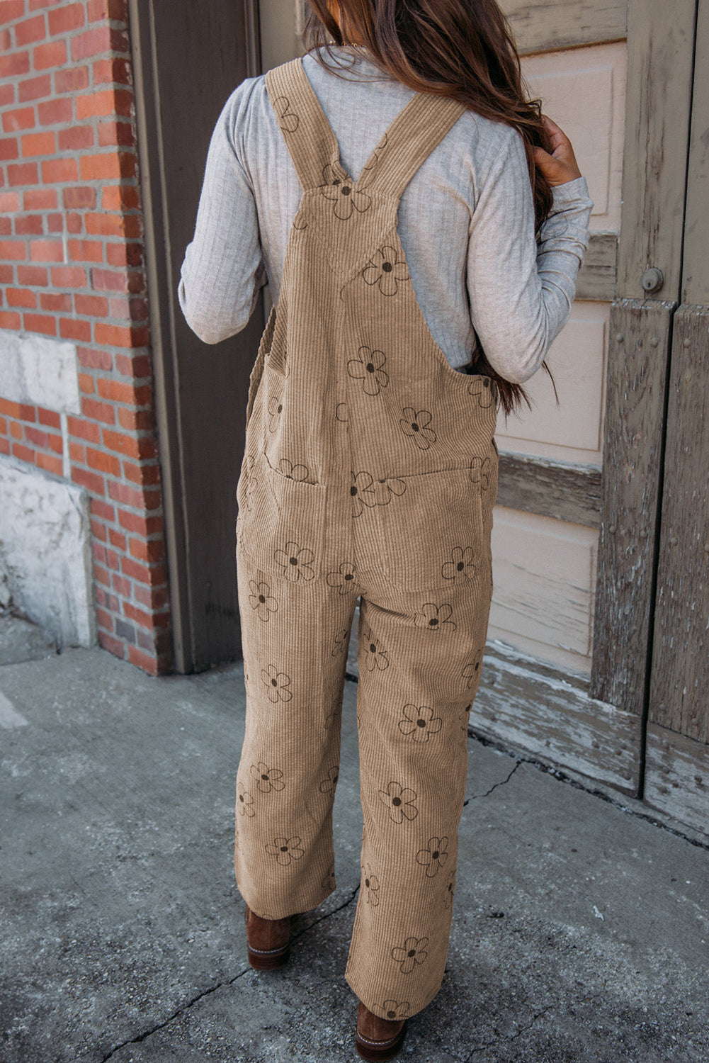 Khaki Flower Print Corduroy Overalls