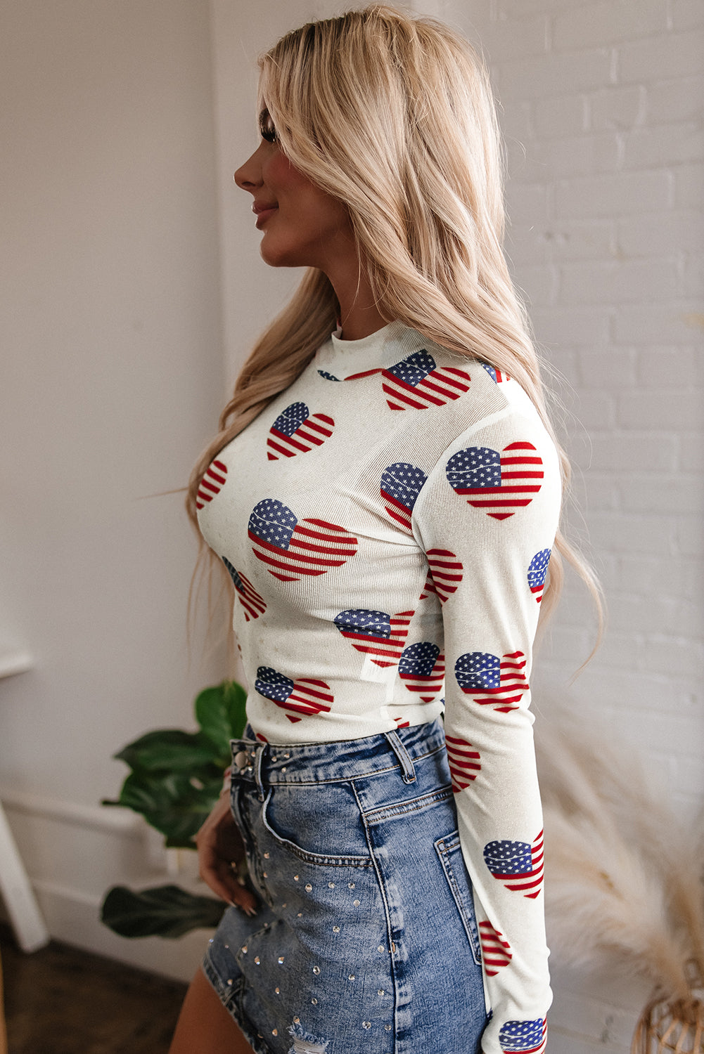 White Americana Glitter Mesh Long Sleeve Bodysuit