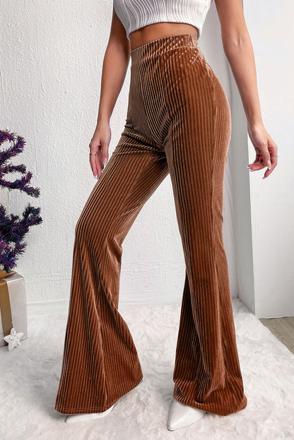 Chestnut Solid Color High Waist Flare Corduroy Pants