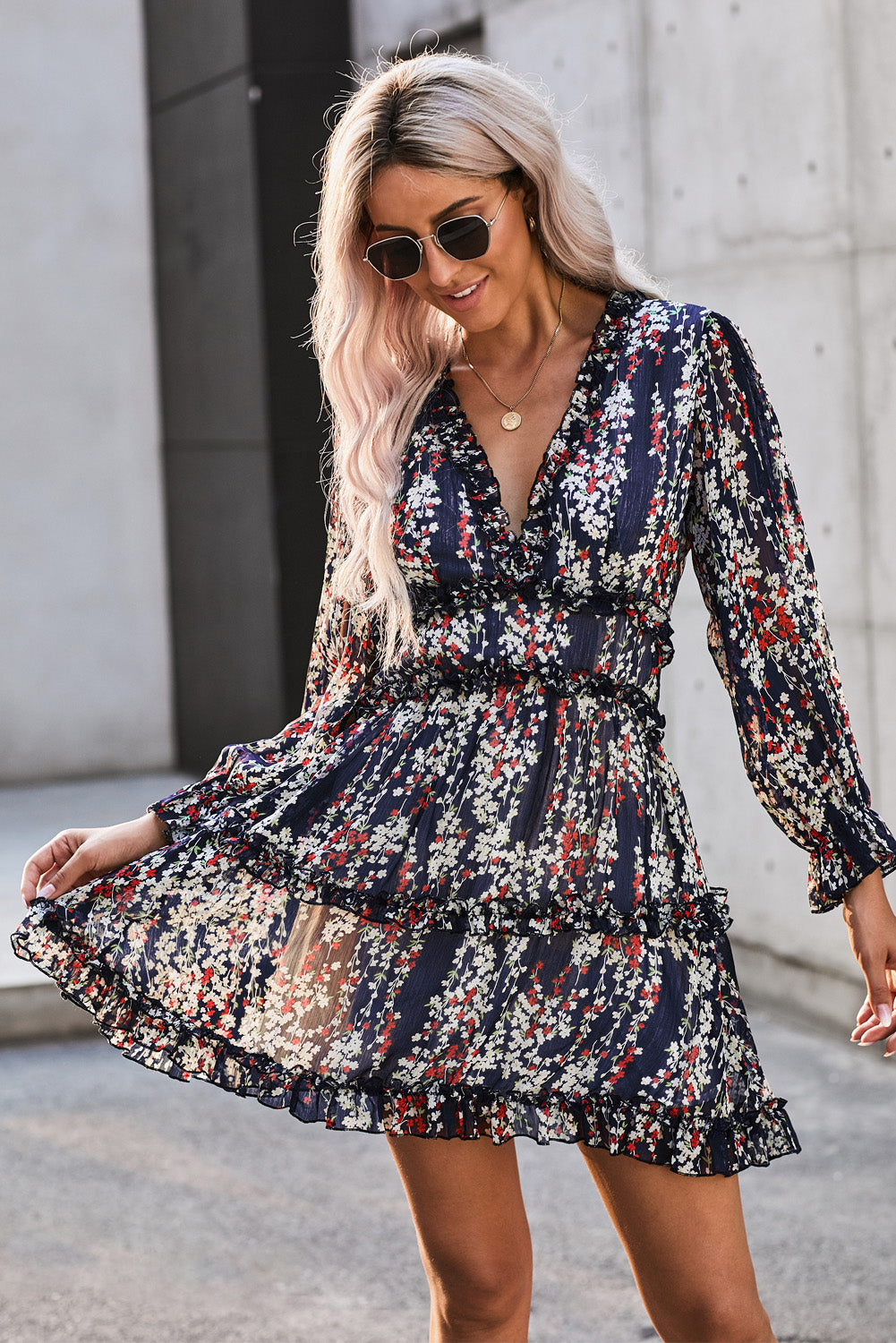 Blue Ruffle Detailing Open Back Floral Dress