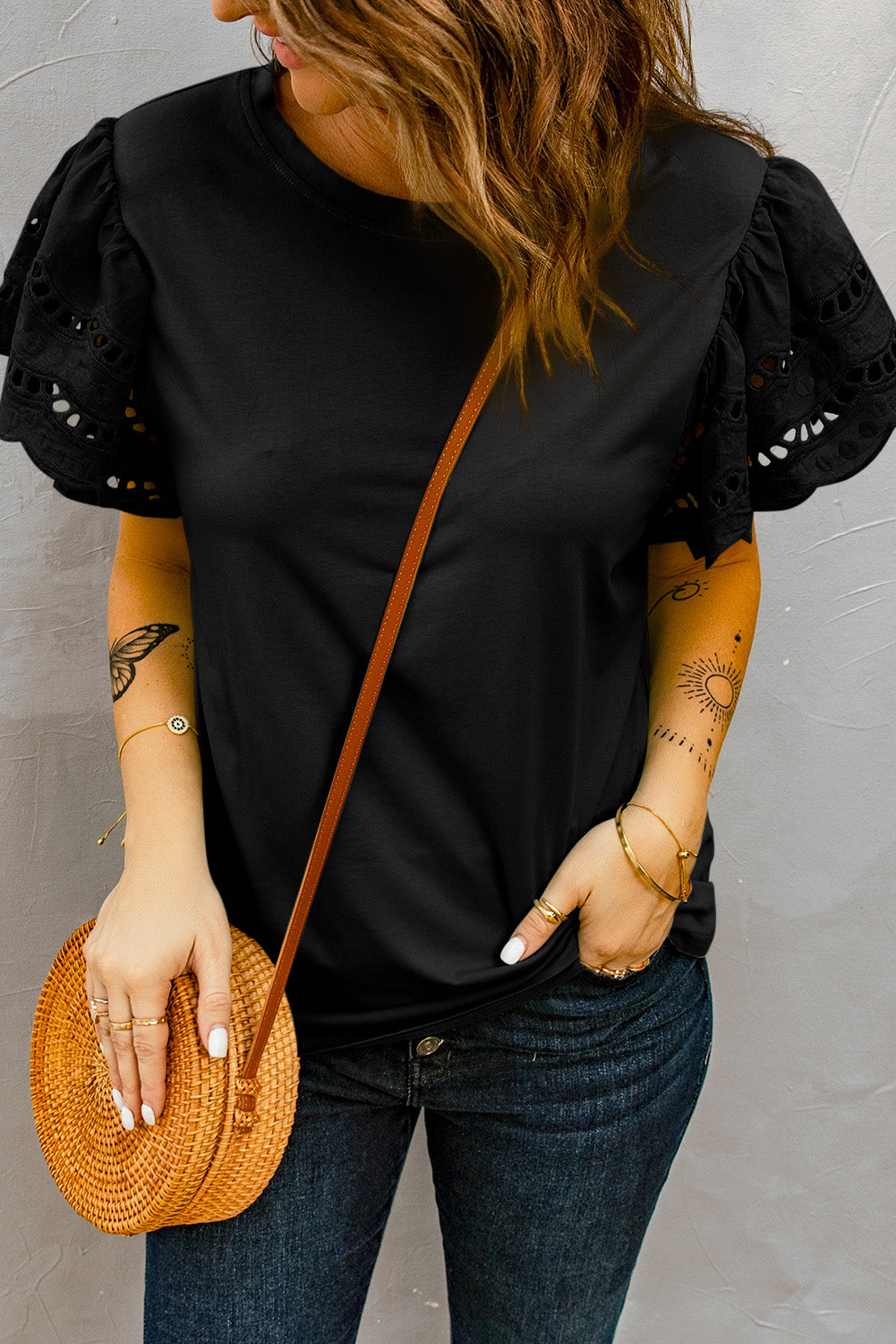 Black Hollow Out Ruffle Sleeve T-shirt