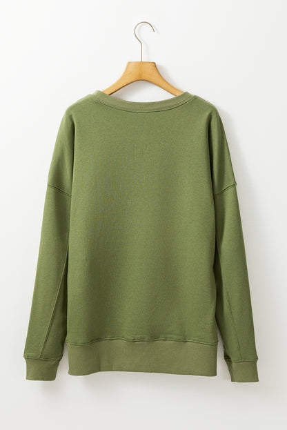 Vineyard Green Drop Shoulder Crisscross Stitching Pocketed Loose Sweatshirt