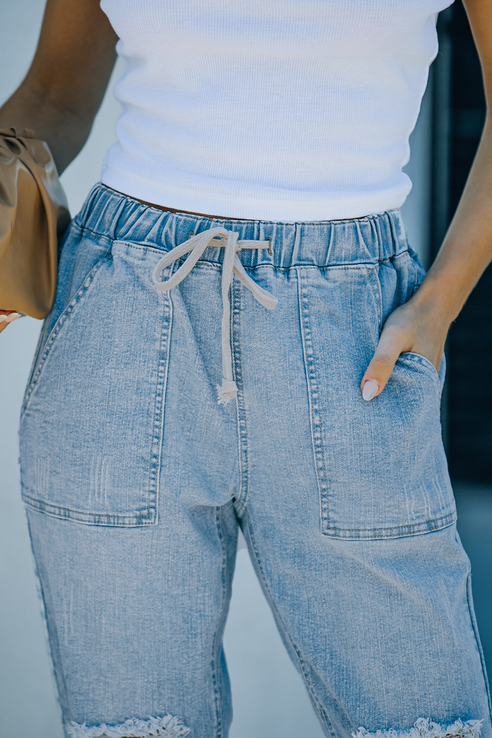 Sky Blue Gather Round Distressed Pocketed Denim Jogger