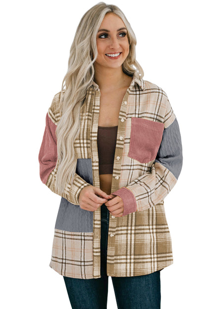 Pink Plaid Color Block Patchwork Shirt Jacket with Pocket