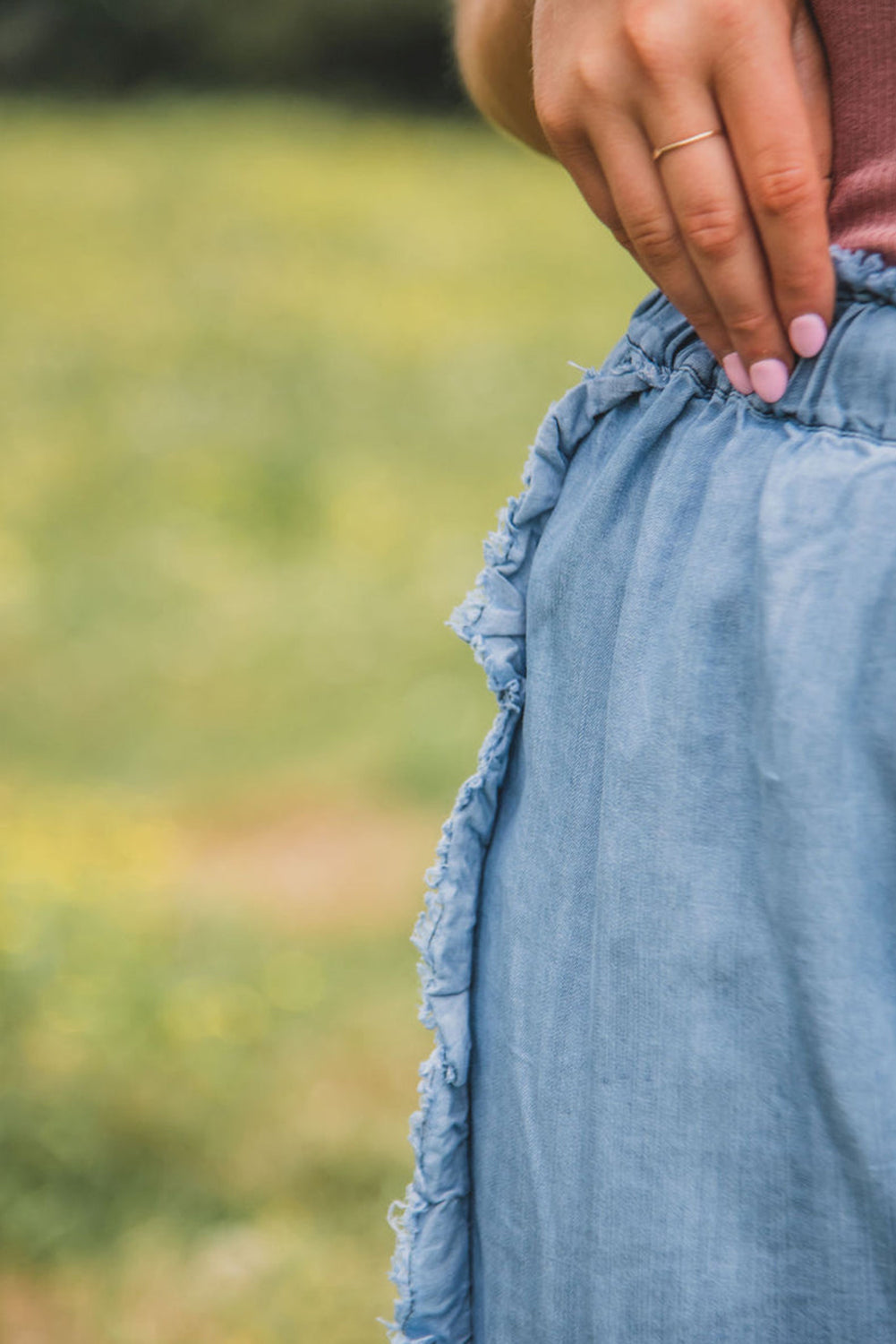 Myosotis Light Wash Raw Hem Ruffled Wide Leg Jeans