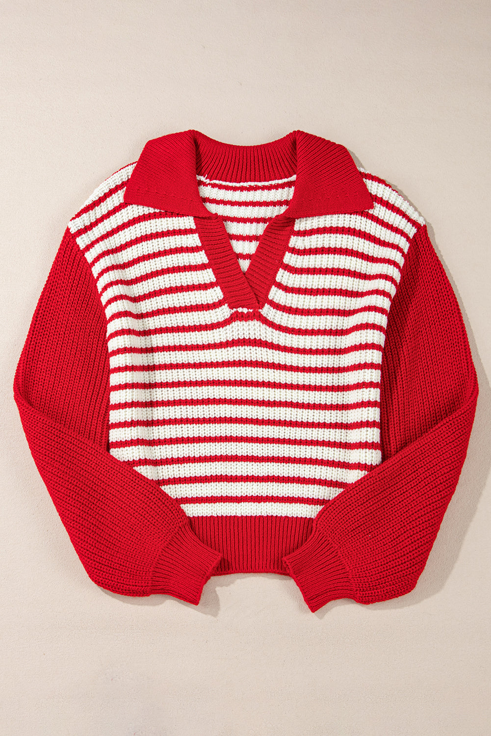 Red Stripe Lantern Sleeve V Neck Collared Drop Shoulder Sweater