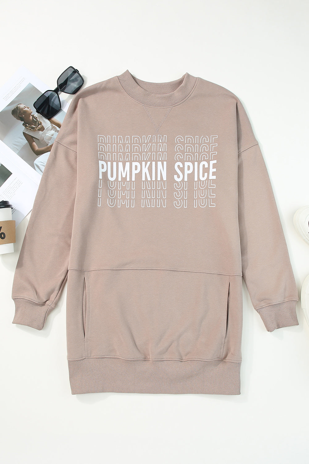 Khaki Pumpkin Spice Print Ribbed Trim Sweatshirt Dress