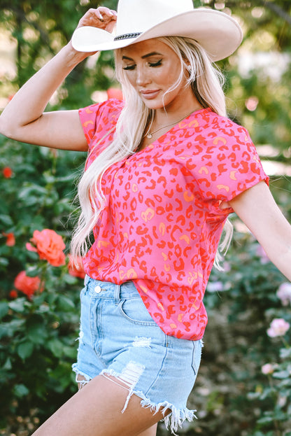 Pink Leopard V Neck Short Sleeve Blouse