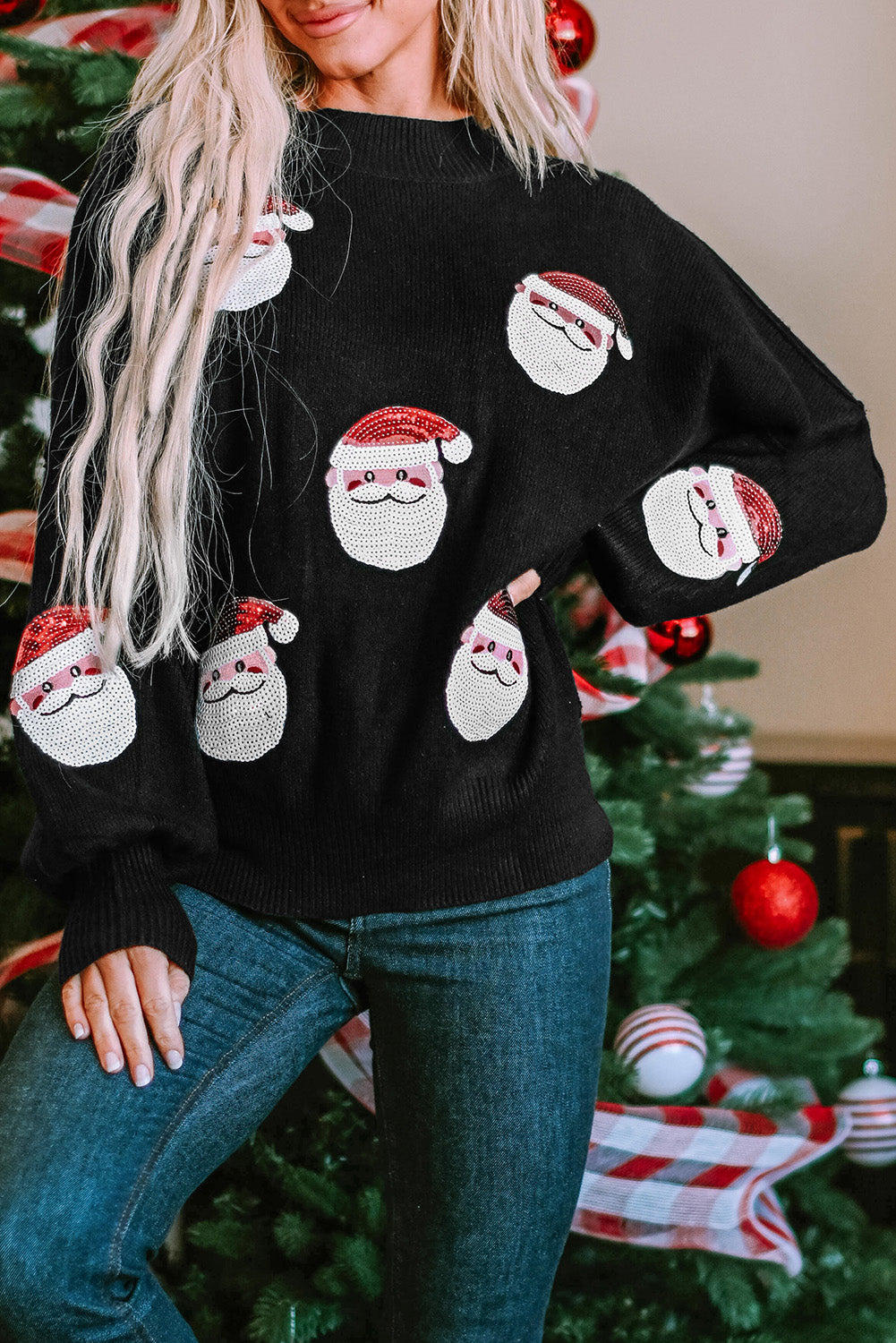 Black Sequined Santa Clause Bishop Sleeve Sweater