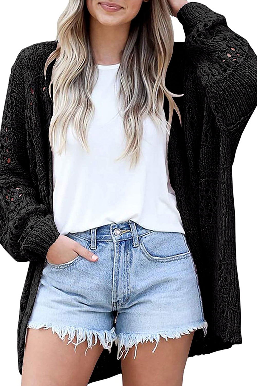 Black Casual Hollowed Knit Dolman Sleeve Cardigan