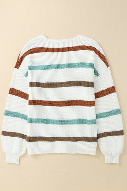 Beige Drop Shoulder Pocketed Stripe Sweater Cardigan