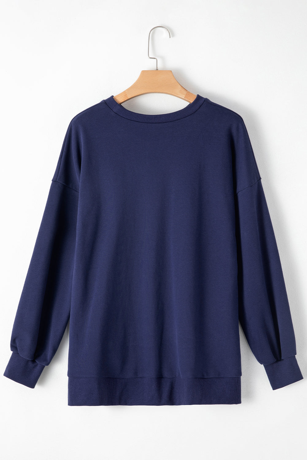 Navy Blue Solid O Neck High Low Hem Pullover Sweatshirt