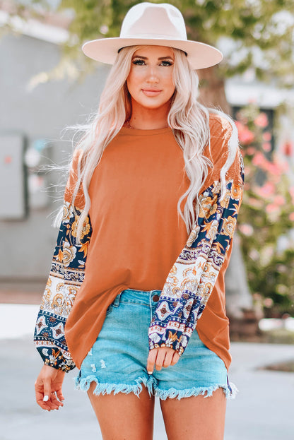 Brown Boho Floral Print Balloon Sleeve Top with Lace Details