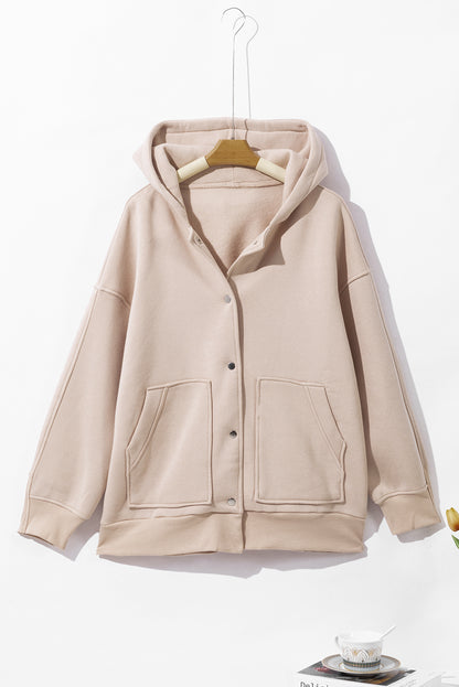 Beige Solid Color Pocketed Button Up Loose Hoodie