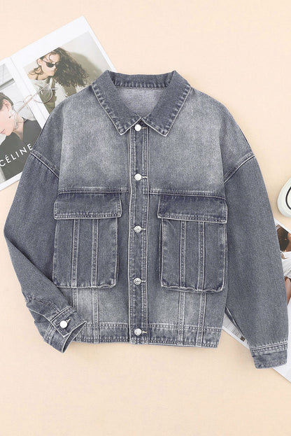 Gray Chest Pockets Drop Shoulder Loose Denim Jacket