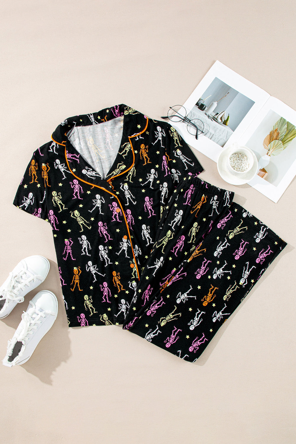 Black Halloween Pattern Short Sleeve Shirt Pajama Set