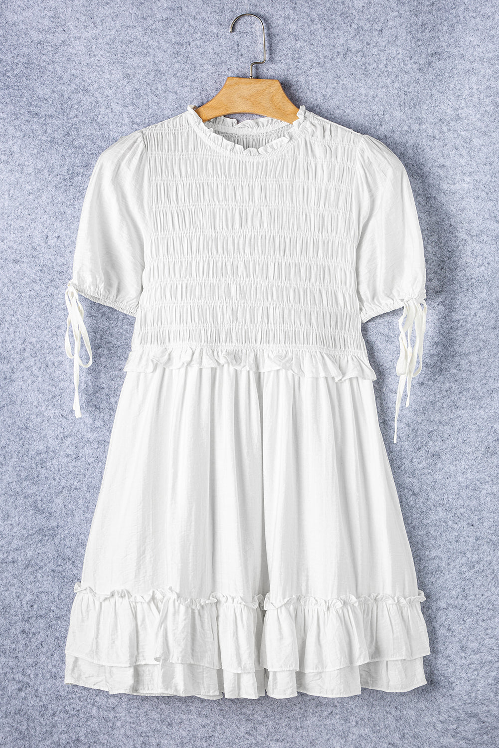 White Tie Short Sleeves Smocked Ruffle Mini Dress