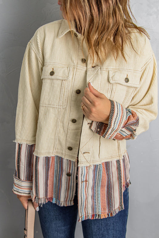 Button Up Pockets Striped Color Block Corduroy Jacket