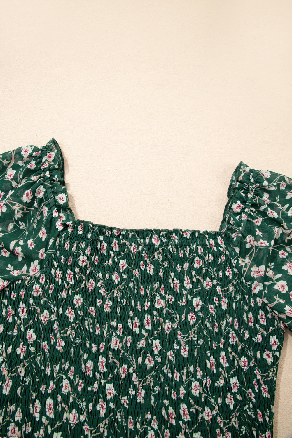 Green Smocked Square Neck Puff Short Sleeve Floral Mini Dress