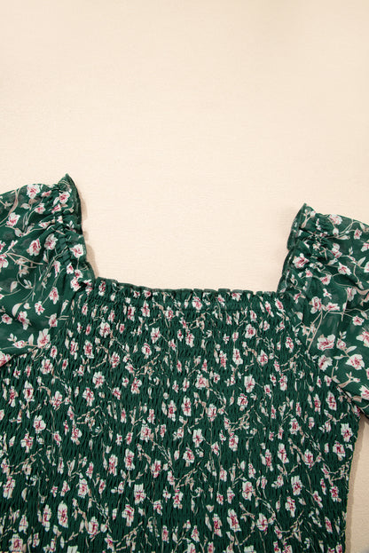 Green Smocked Square Neck Puff Short Sleeve Floral Mini Dress