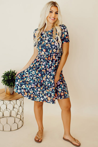 Blue Short Sleeve A-line Floral Dress