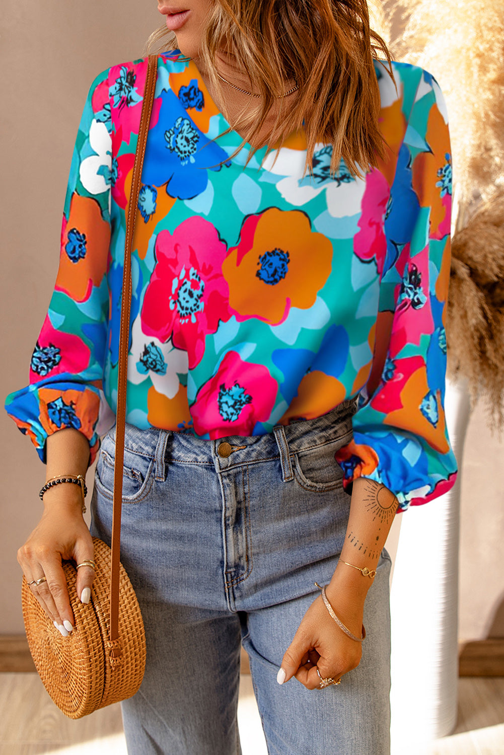 Multicolor Floral Print V Neck 3/4 Sleeve Blouse