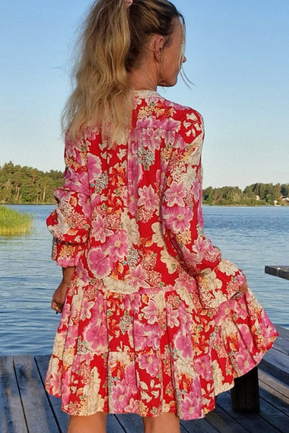 Red Floral Print High Waist V Neck Babydoll Mini Dress