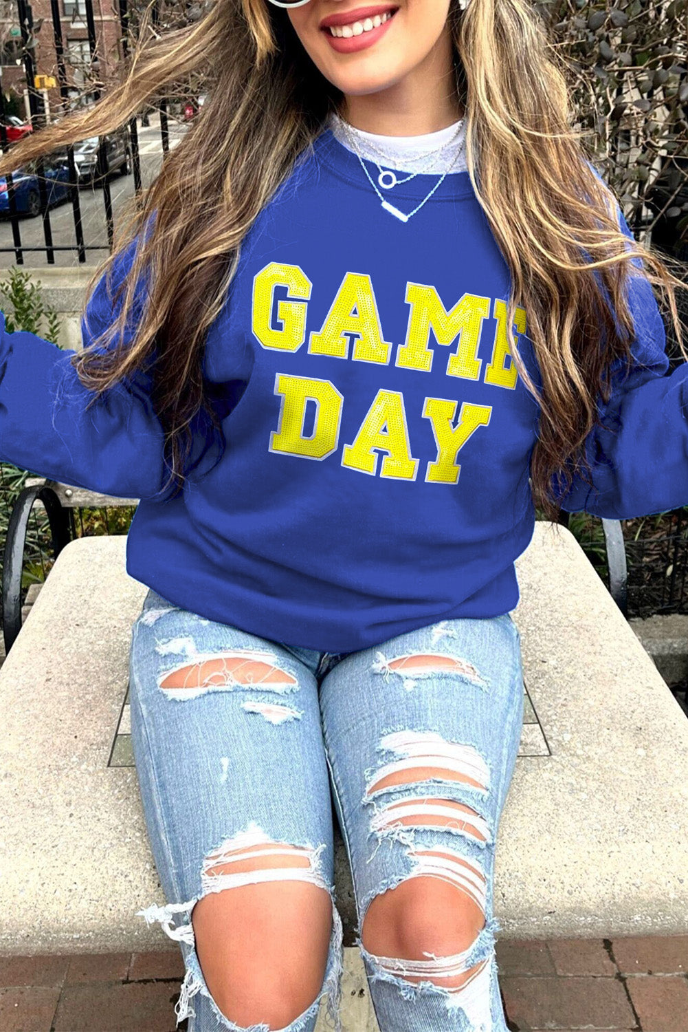 Dark Blue Game Day Crew Neck Graphic Pullover Sweatshirt