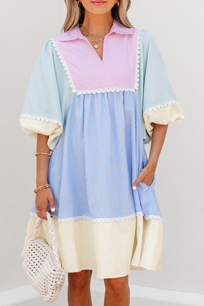 Multicolour Striped Patchwork Ric Rac Puff Sleeve Collared Mini Dress
