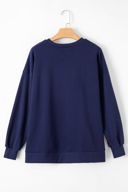 Navy Blue Solid Fleece Lined Drop Shoulder High Low Sweatshirt