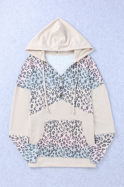 Leopard Color Block Buttoned Drawstring Detail Hoodie