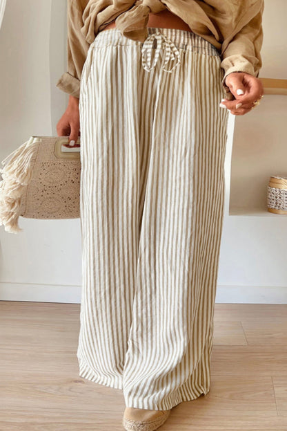 Khaki Stripe Plus Size Drawstring High Waist Wide Leg Pants