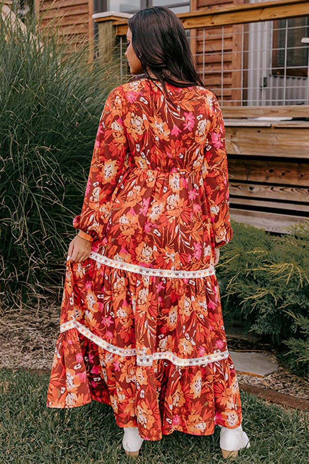 Orange Floral Print Lace Trim Patched V Neck Maxi Dress