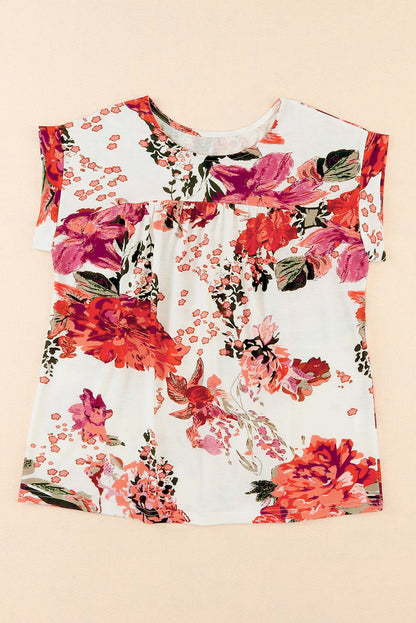 Fiery Red Floral Short Sleeve Round Neck Blouse