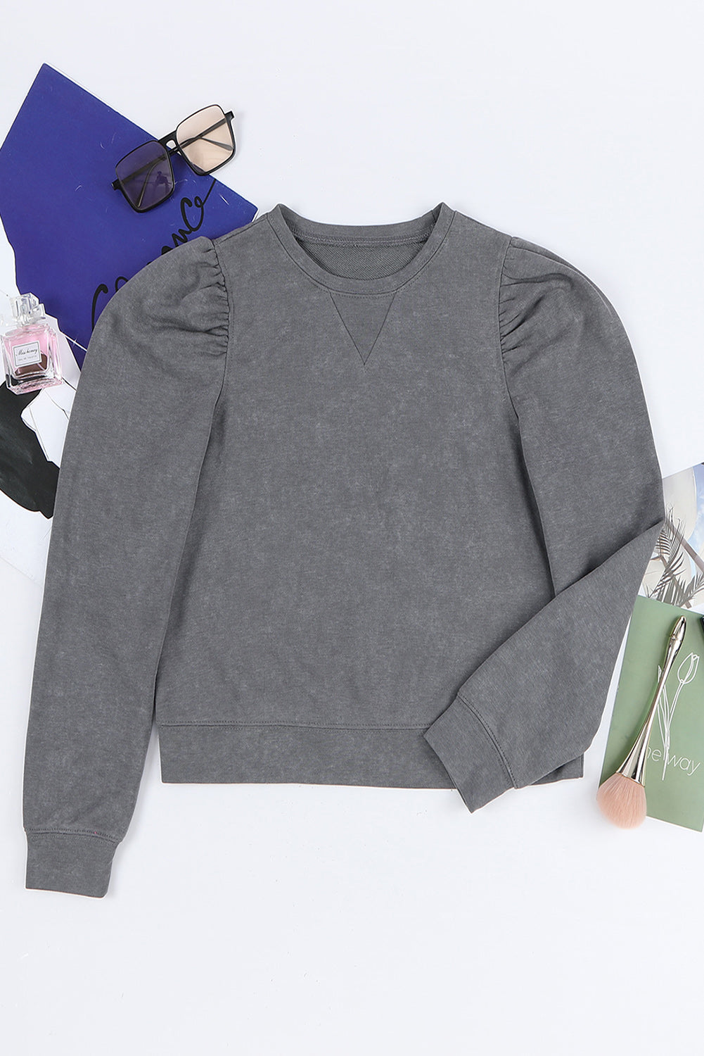 Gray Vintage Washed Puff Sleeve Sweatshirt