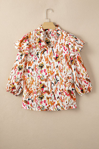 Multicolour Abstract Print 3/4 Puff Sleeve Ruffle Blouse