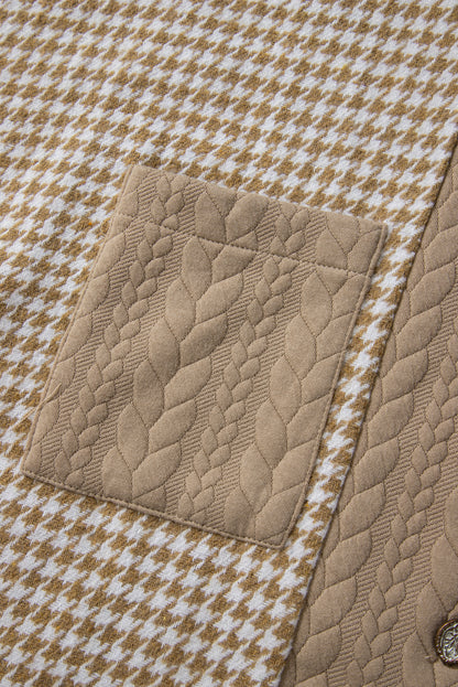 Khaki Houndstooth Color Contrast Textured Patchwork Loose Shacket