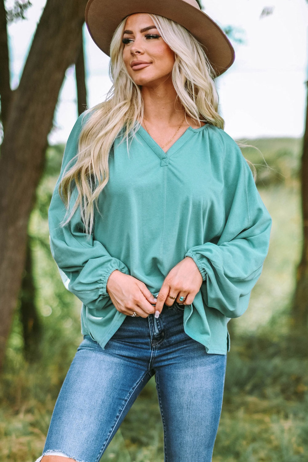 Green Split V Neck Dolman Top