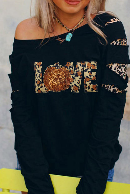 Black LOVE Sequin Pumpkin Leopard Print Cut Out Sleeve Sweatshirt