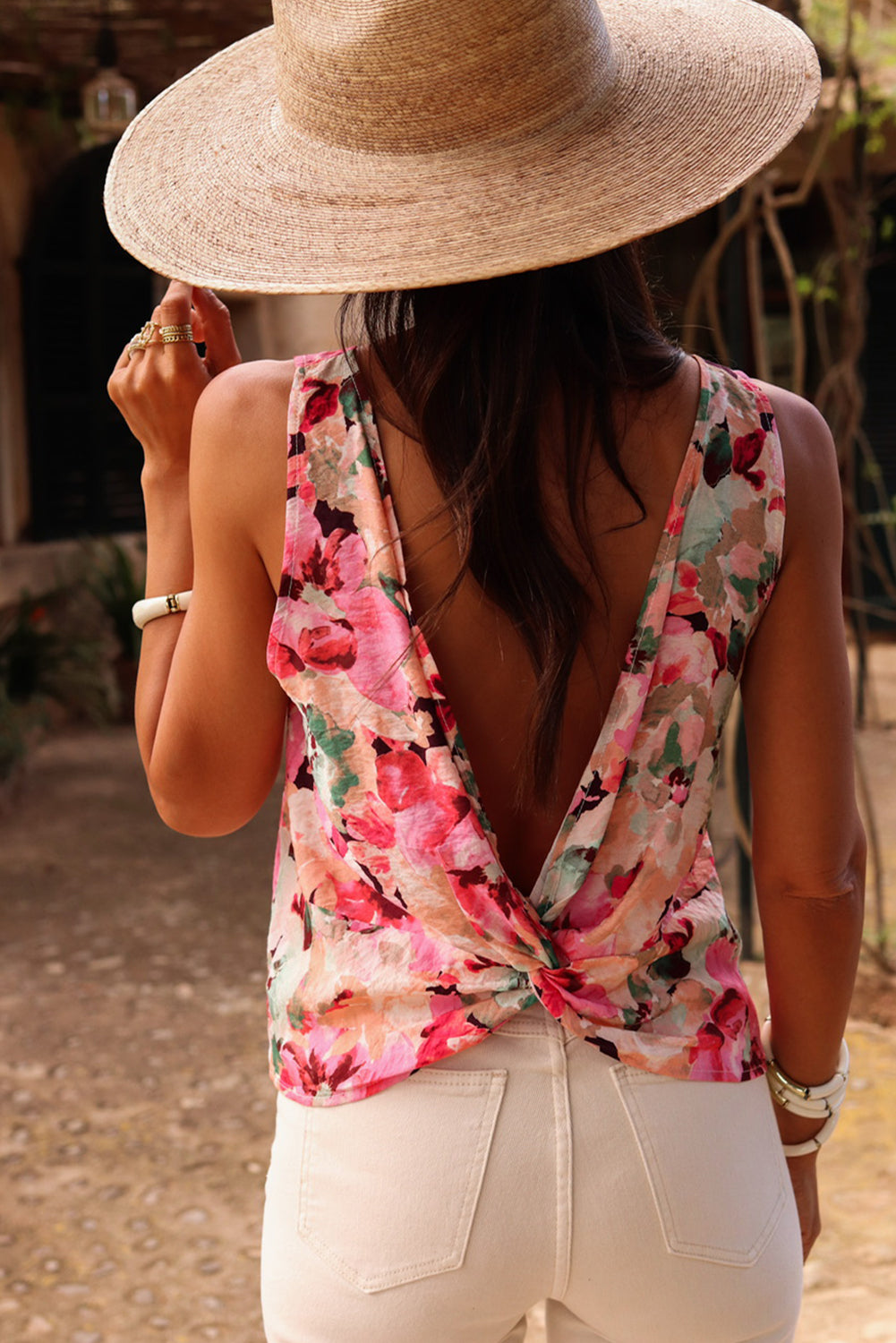 Pink Floral Round Neck Twisted Cut Out Back Tank Top