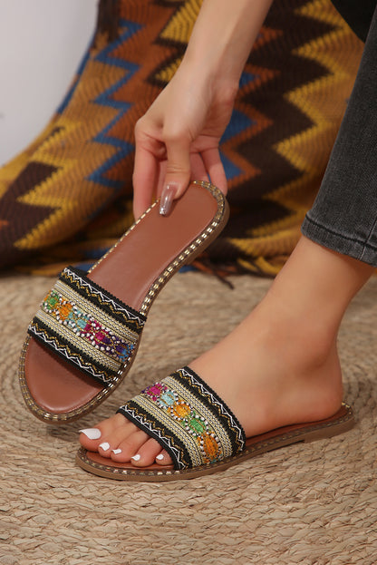 Chestnut Bohemian Pattern Crochet Faux Leather Beach Slippers