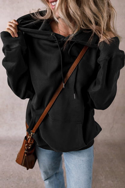 Black Fleece Lined Kangaroo Pocket Drawstring Chunky Hoodie