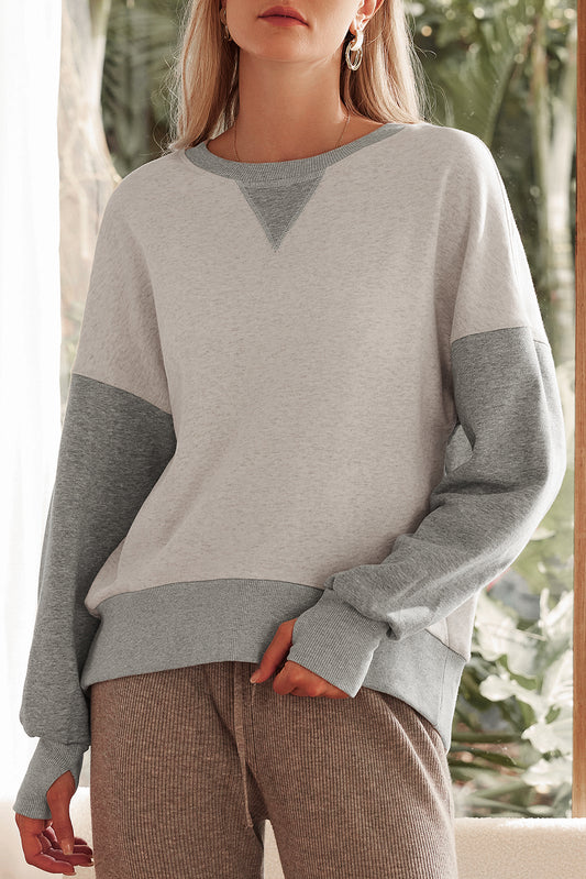 Light Grey Color Block Thumbhole Sleeve Drop Shoulder Sweatshirt