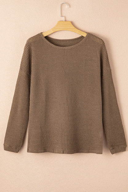 Dark Brown Waffle Knit Drop Shoulder Long Sleeve Top