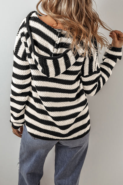 White Stripe V Neck Pocketed Drawstring Hooded Sweater