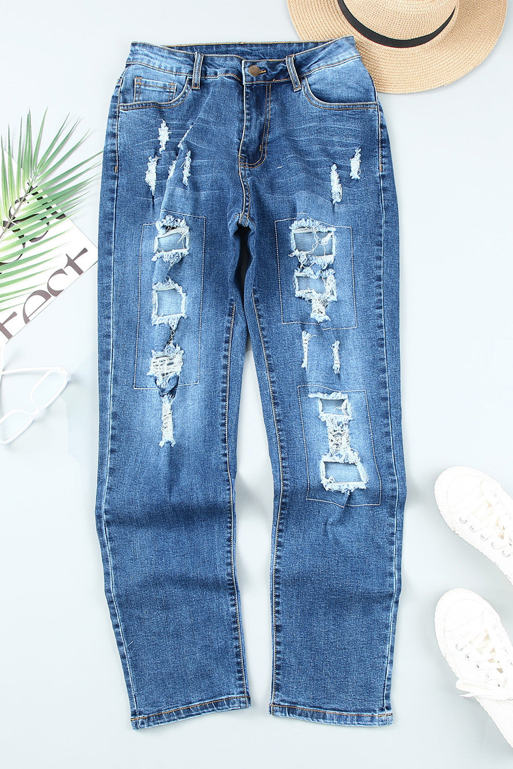 Buttoned Pockets Distressed Jeans