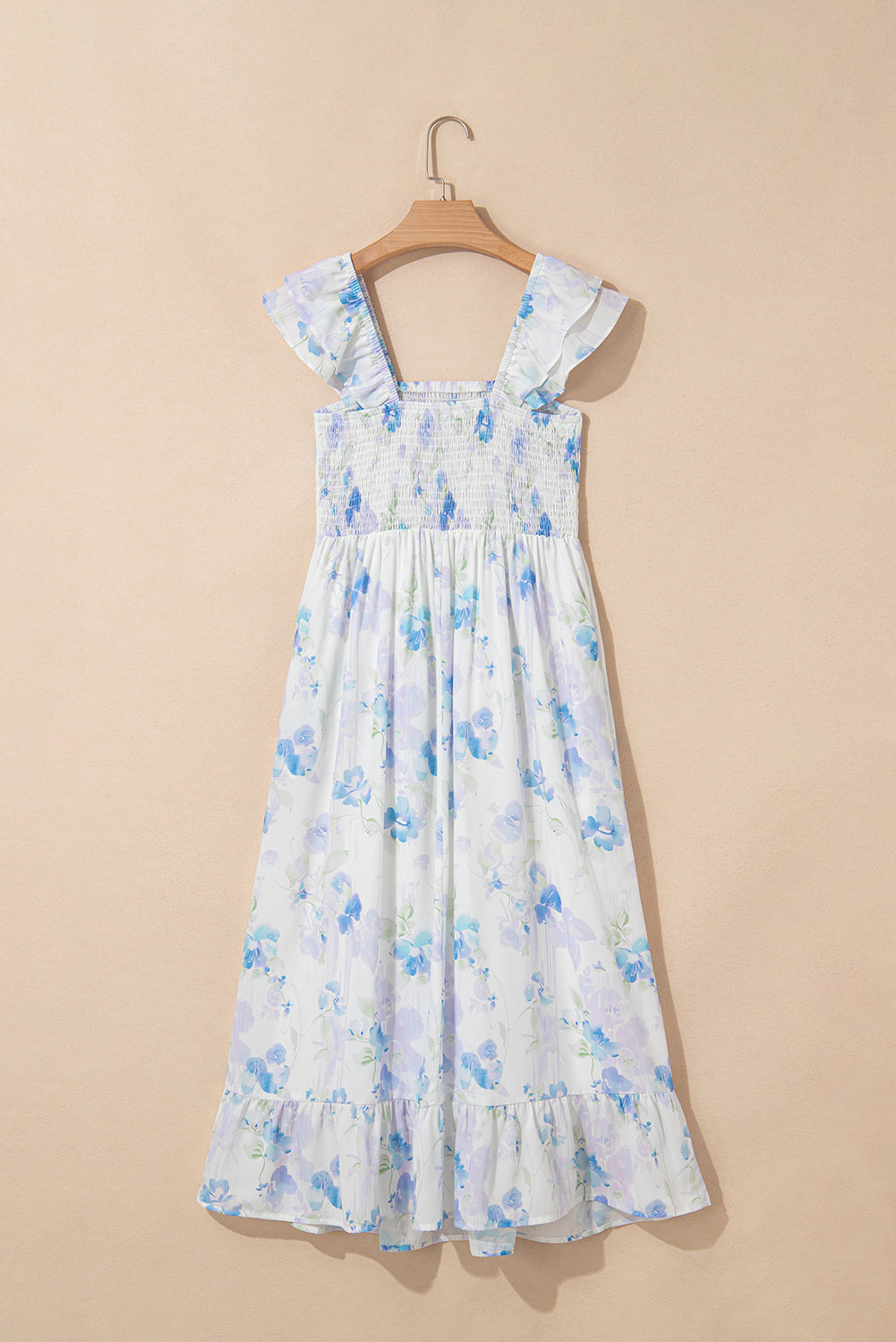 Sky Blue Floral Smocked High Waist Double Ruffle Sleeveless Maxi Dress
