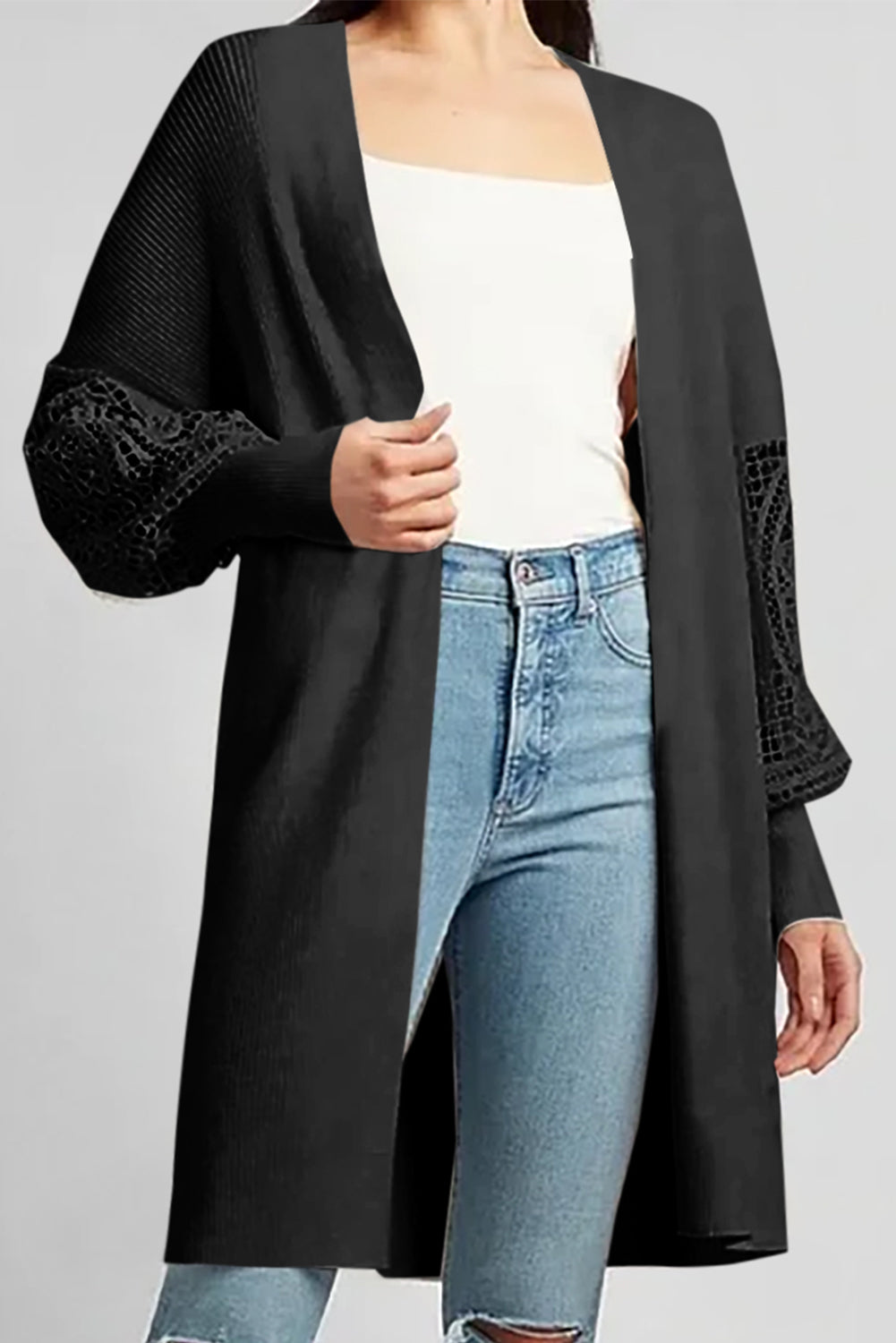 Black Crochet Lace Sleeve Ribbed Knit Cardigan