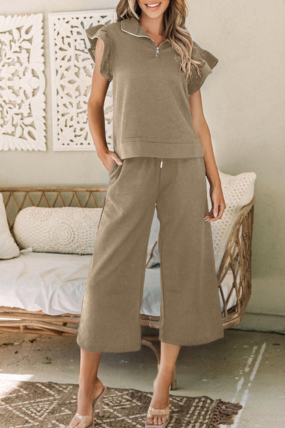 Pale Khaki Textured Flutter Sleeve Top Wide Leg Pants Set